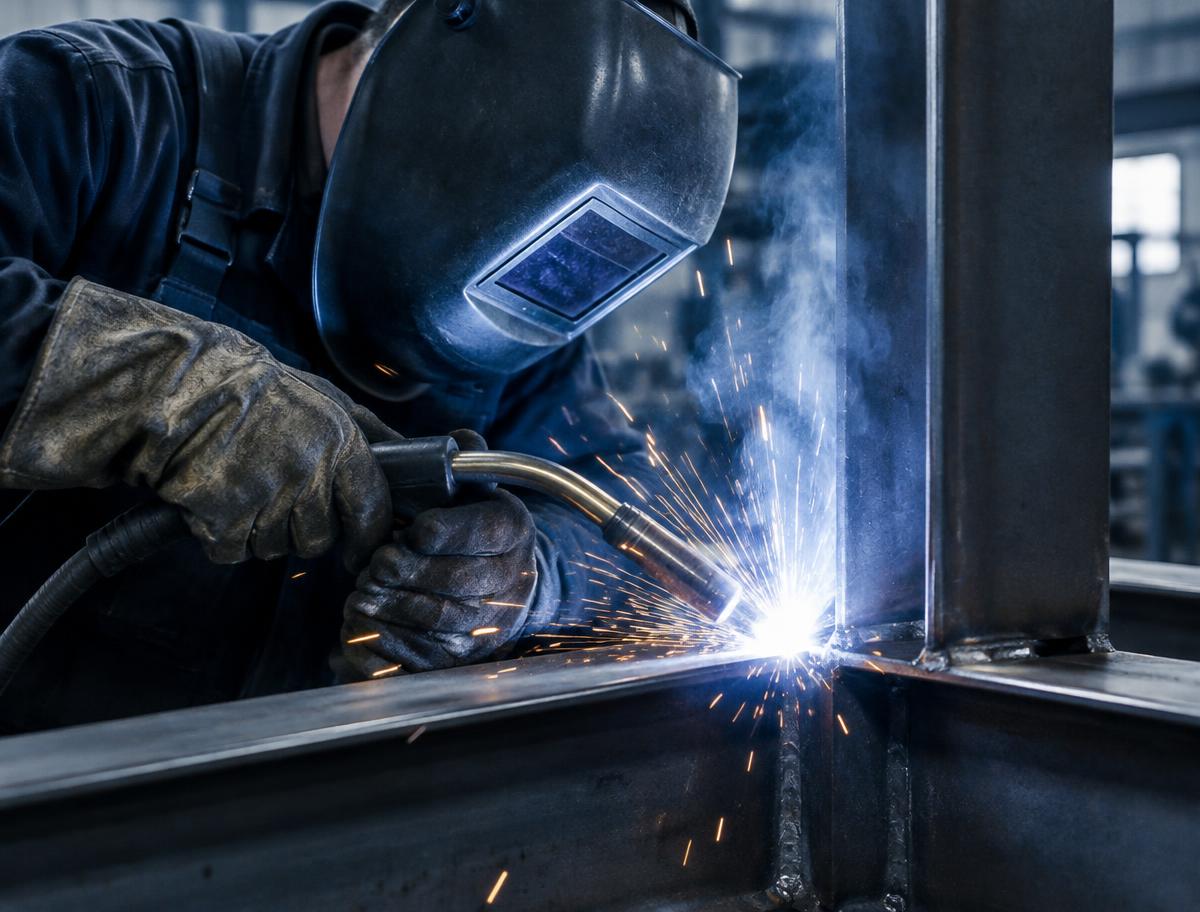 Lasser aan het werk aan een staalconstructie